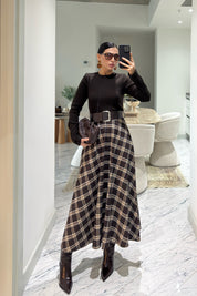 Örme Ekose Detaylı Kemerli Elbise SY-3615-Kahverengi