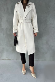 Ekru Kemerli Deri Trençkot SY-2435-Ekru
