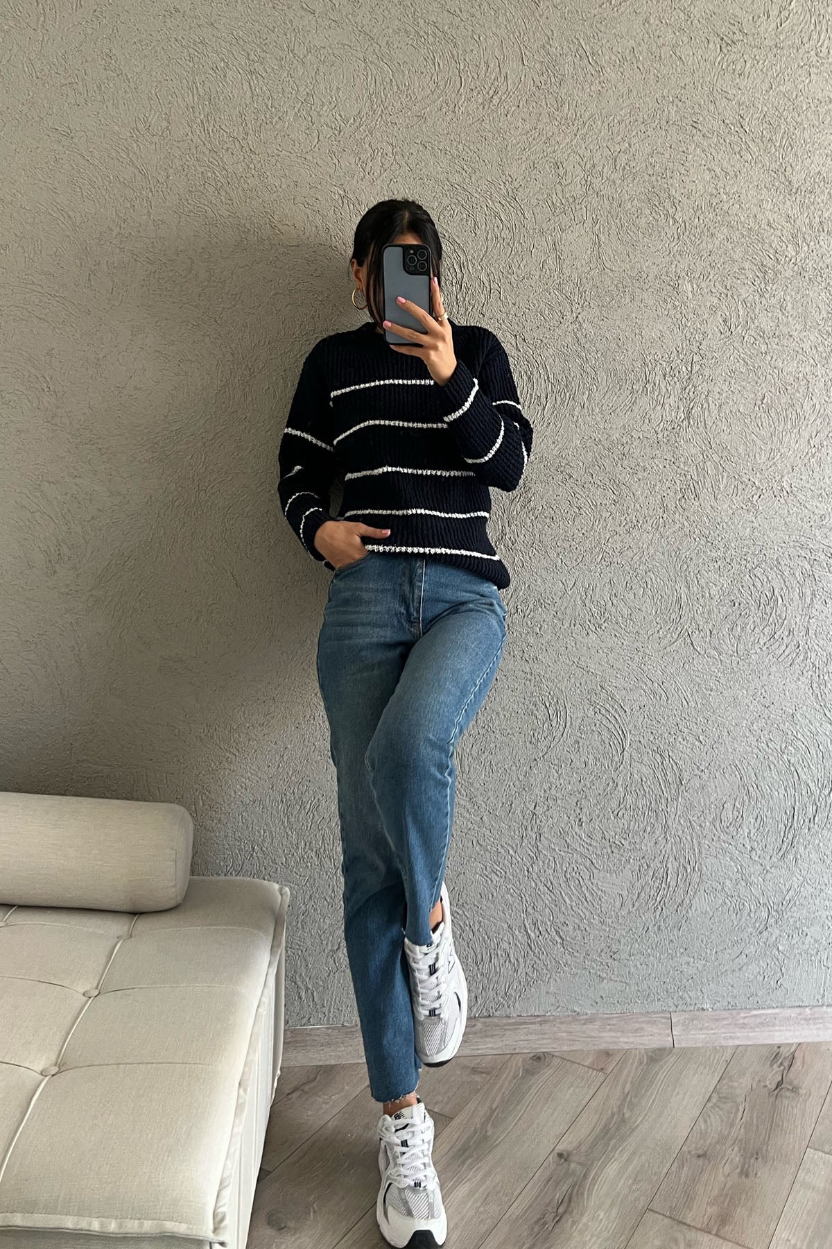 Lacivert Beyaz Çizgili Bisiklet Yaka Kazak SY-1150-Lacivert