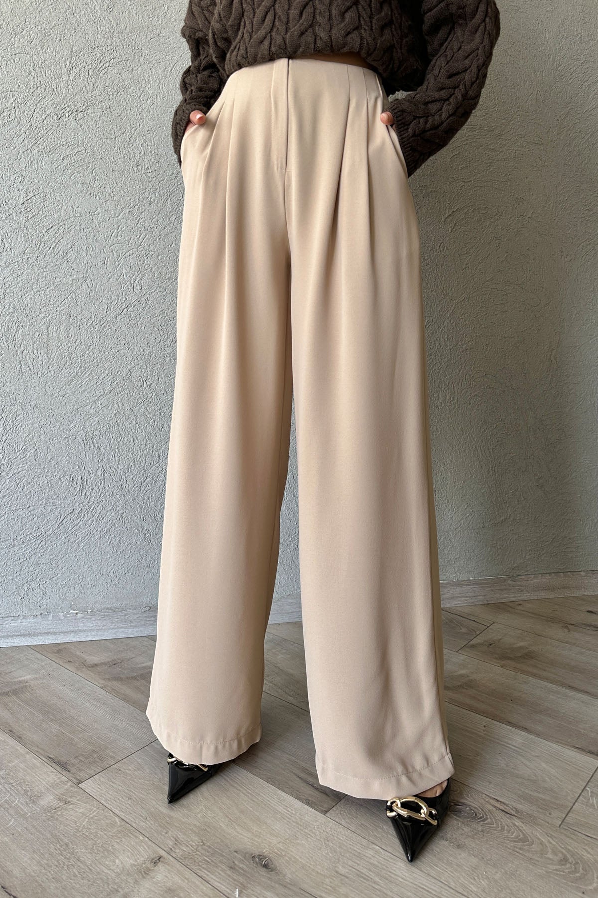 Bej Belden Lastik Detaylı Palazzo Pantolon SY-1126-Bej