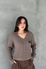 Vizon Logolu V Yaka Saç Örgü Triko Kazak SY-2706-Vizon