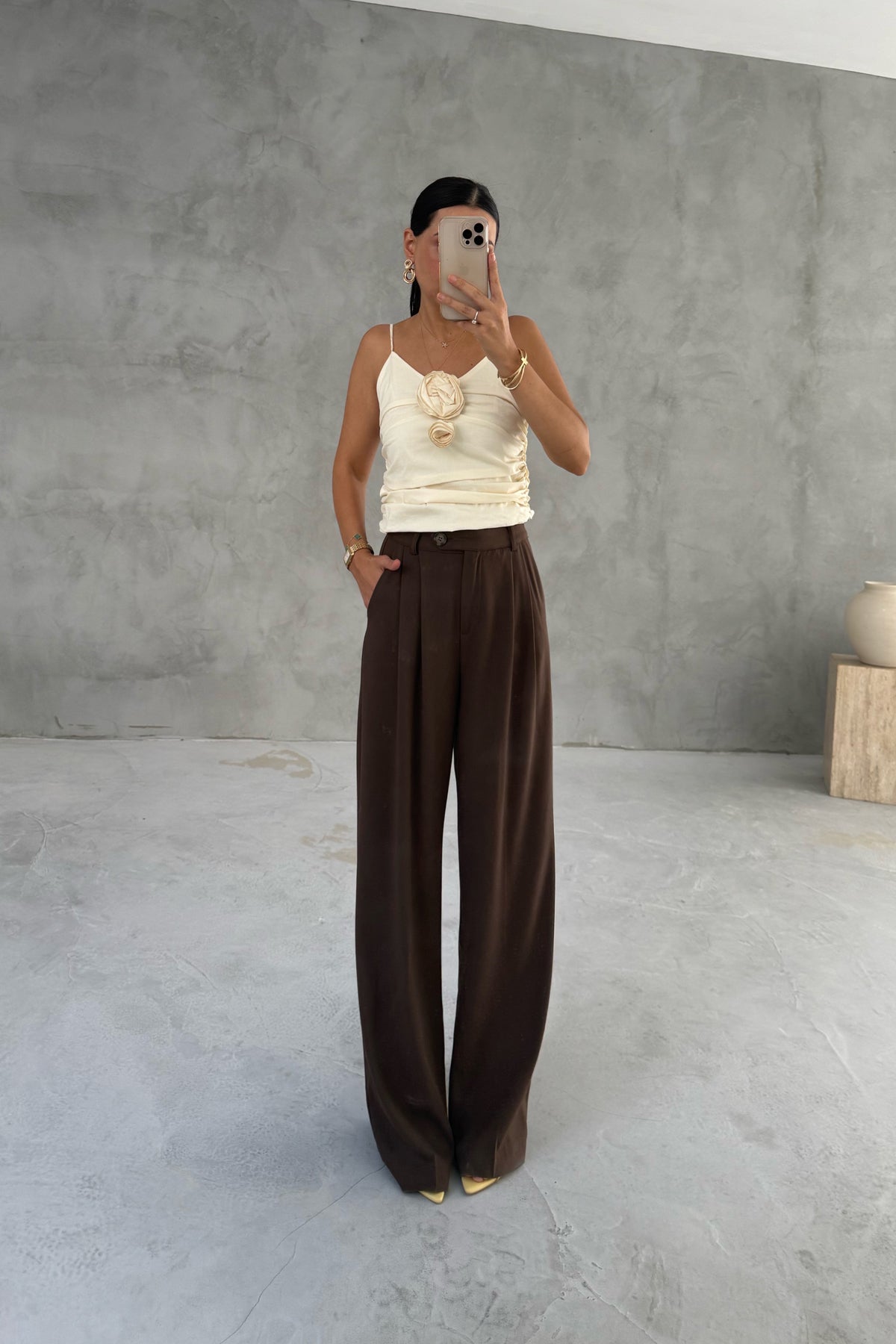 Kahve Yüksek Bel Bol Paça Palazzon Pantolon SY-3325-Kahve