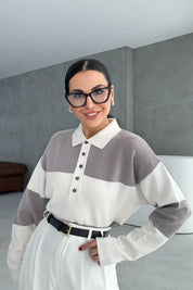 Gri Çizgili Polo Yaka Kazak SY-3439-Gri