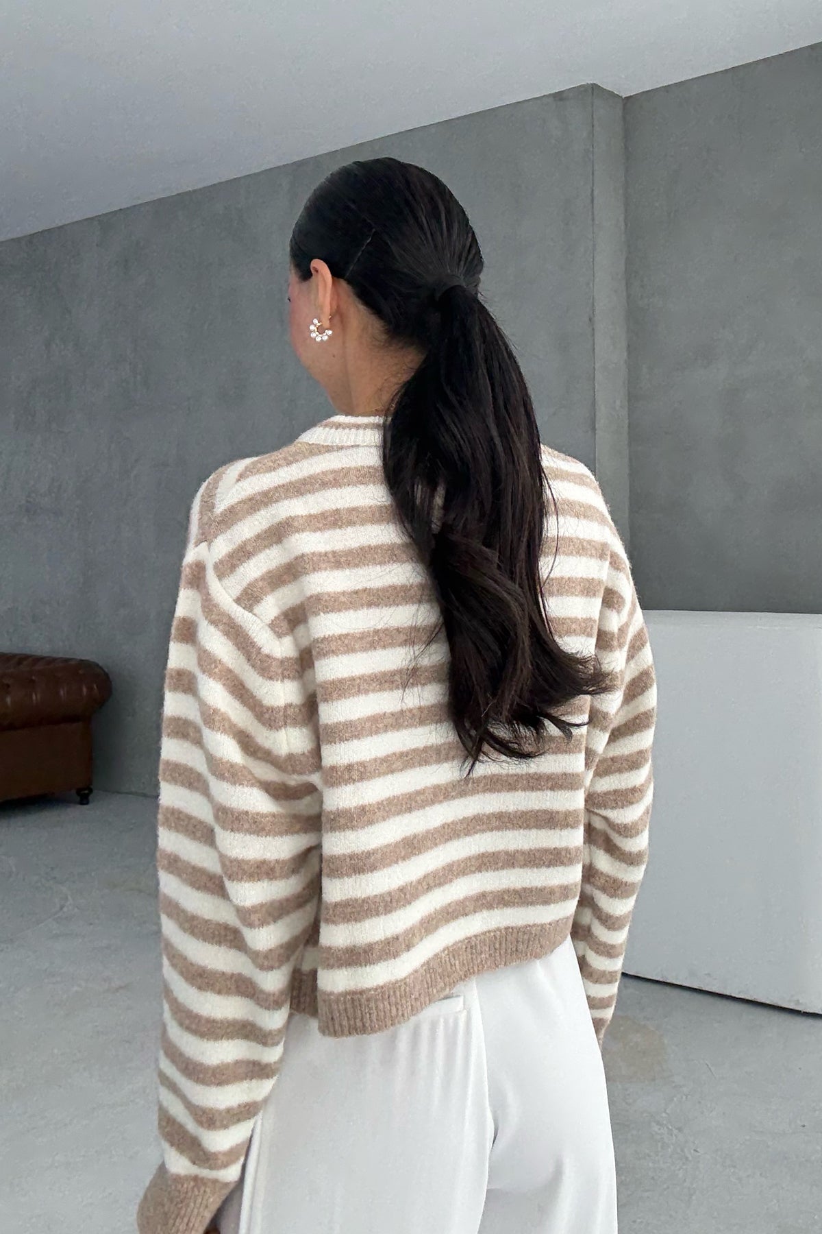 Vizon Çizgili Yumuşak Triko Kazak SY-3434-Vizon