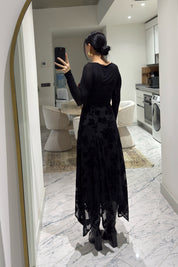 Siyah Kadife Çiçek Desenli Asimetrik Etek SY-3530-Siyah