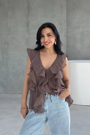 Kahve Fırfırlı Bağlama Detaylı Bluz SY-3165-Kahve