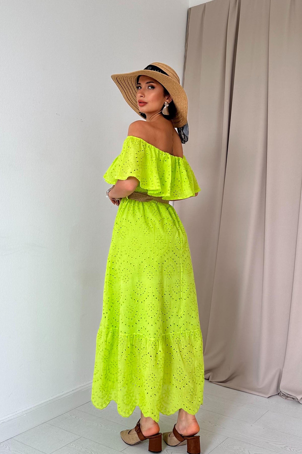 Fıstık Yeşili Madonna Yaka Kemer Detaylı Fisto Elbise SY-1964-Fıstık Yeşilişili