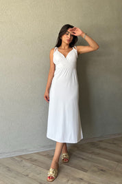 Beyaz Boyundan Bağlamalı Sırt Detaylı Elbise SY-2255-Beyaz