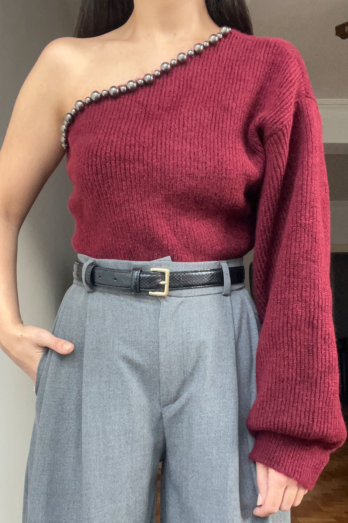 Bordo Tek Omuz Boncuk Detay Triko Kazak SY-2815-Bordo