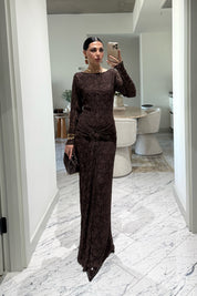 Kahve Toka Detaylı Dantel Uzun Elbise SY-3547-Kahverengi