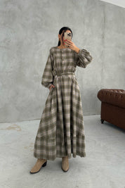 Ekose Desenli Kuşaklı Midi Elbise SY-3465-Haki