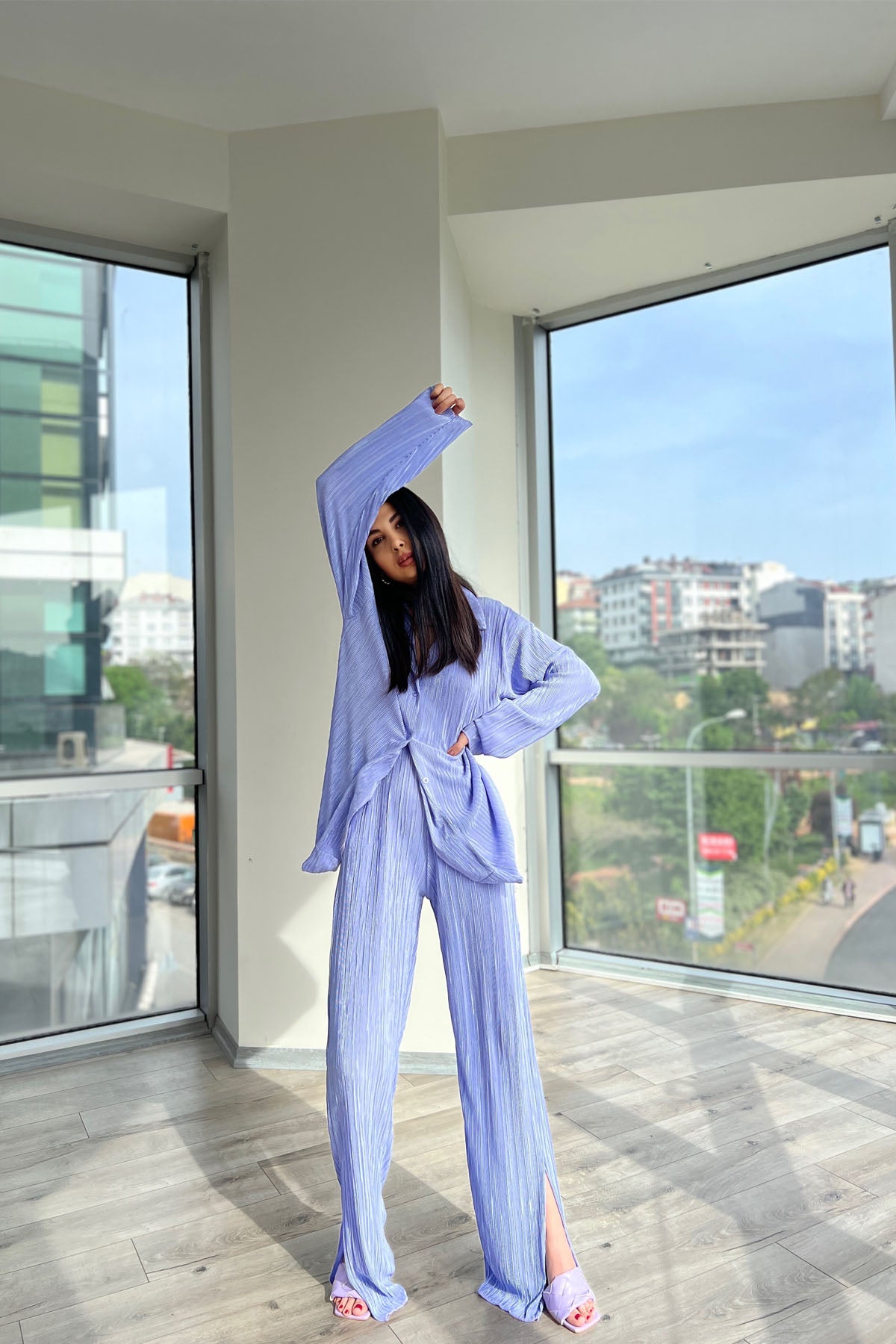 Açık Lila Yırtmaçlı Fitilli Gömlekli Kadın Oversize Takım SY-0465-Açık Lila