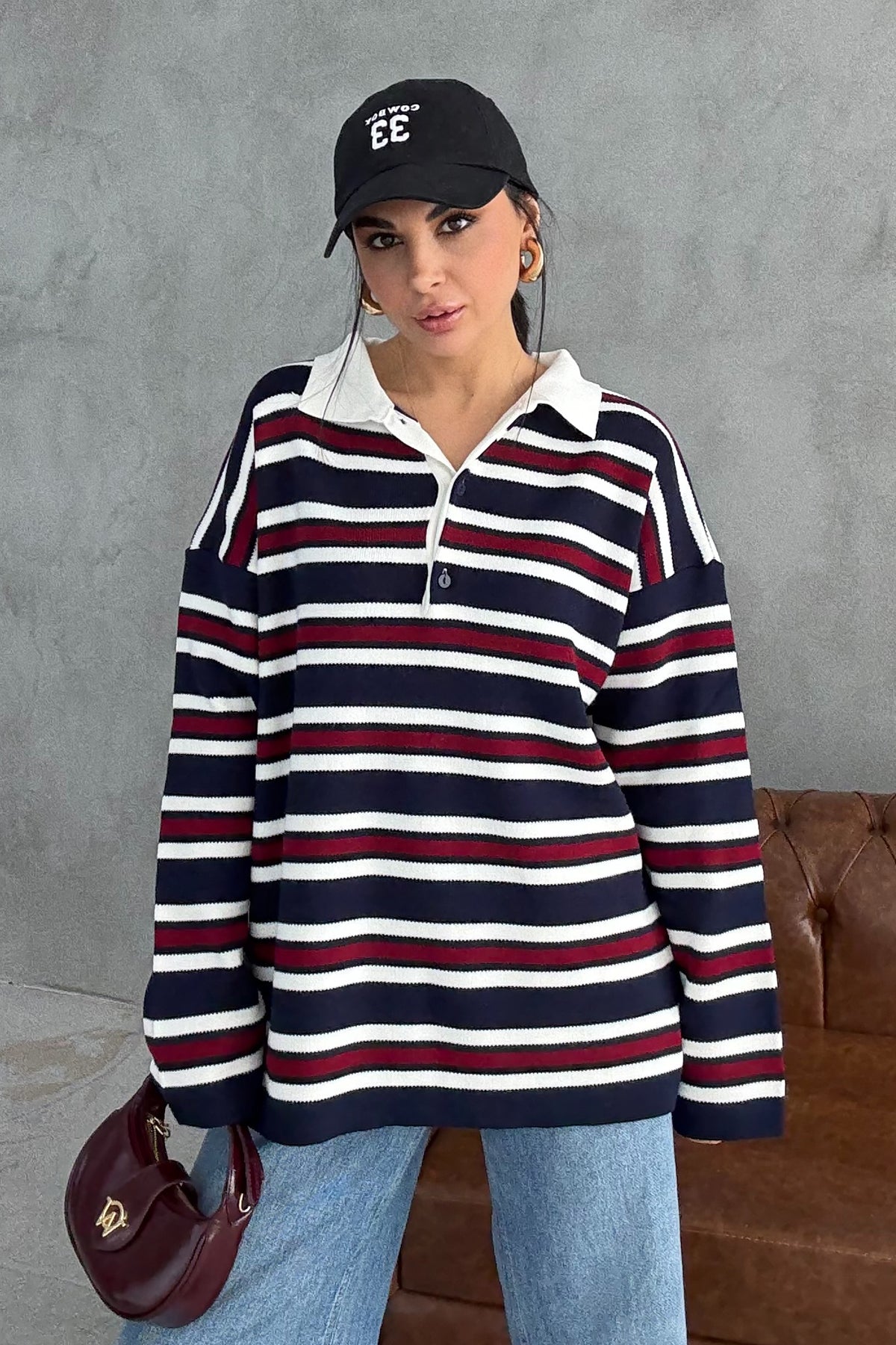 Bordo-Lacivert Polo Yaka Çizgili Kazak SY-3475-Lacivert