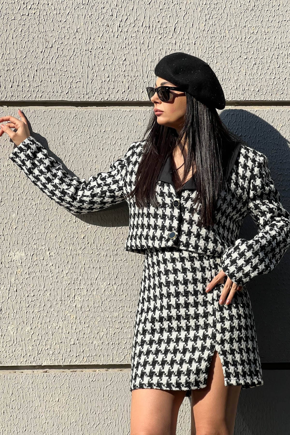 Siyah Tüvit Düğmeli Ceket Etek Takım SY-1582-Siyah