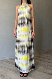 Sarı Çok Renkli Halter Yaka Uzun Elbise SY-2021-Sarı