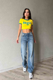 Mavi Eskitme Point Yırtık Detaylı Wide Leg Jean SY-2002-Mavi