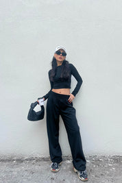 Siyah Dalkıç Kumaş Basic Jogger Crop Pantolon Takım SY-1705-Siyah