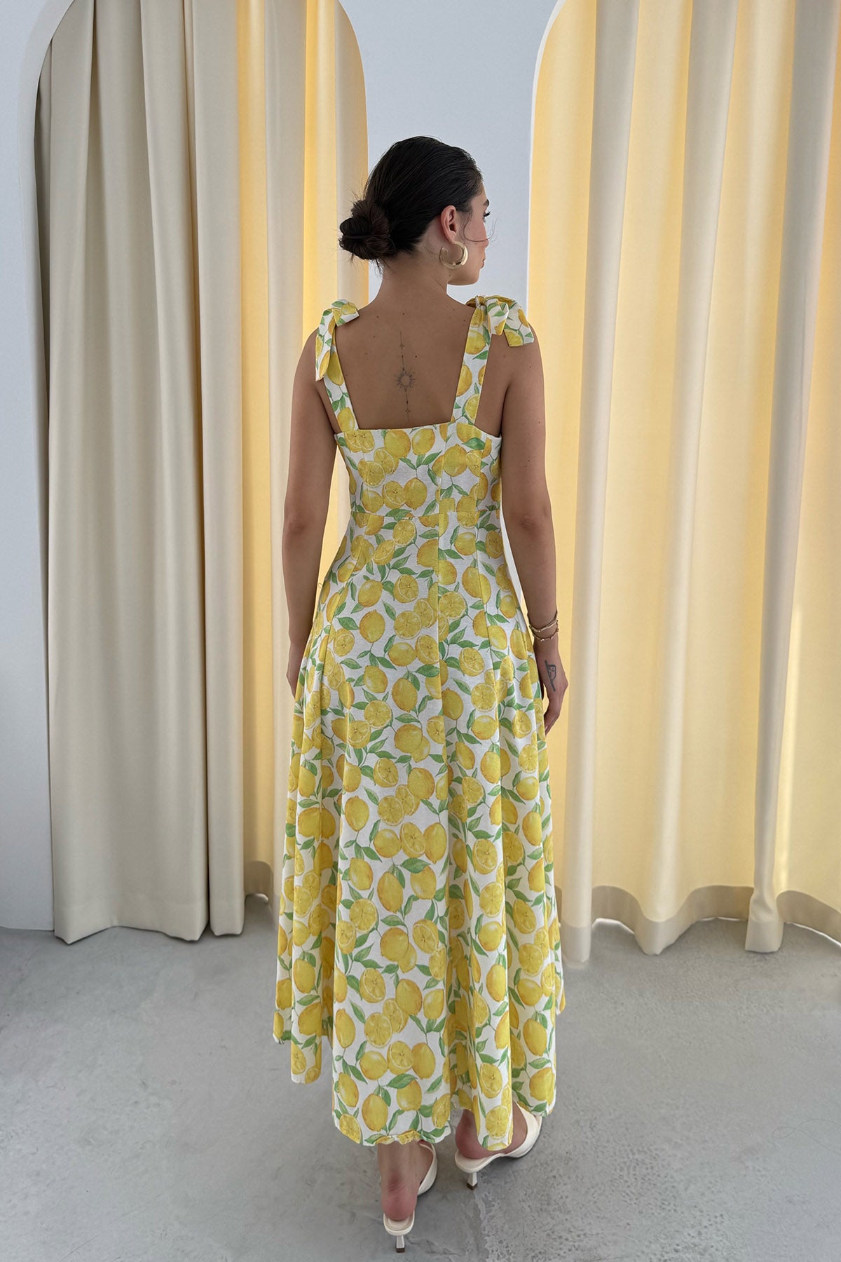 Limon Desenli Omuz Bağcıklı Elbise SY-3308-Limon