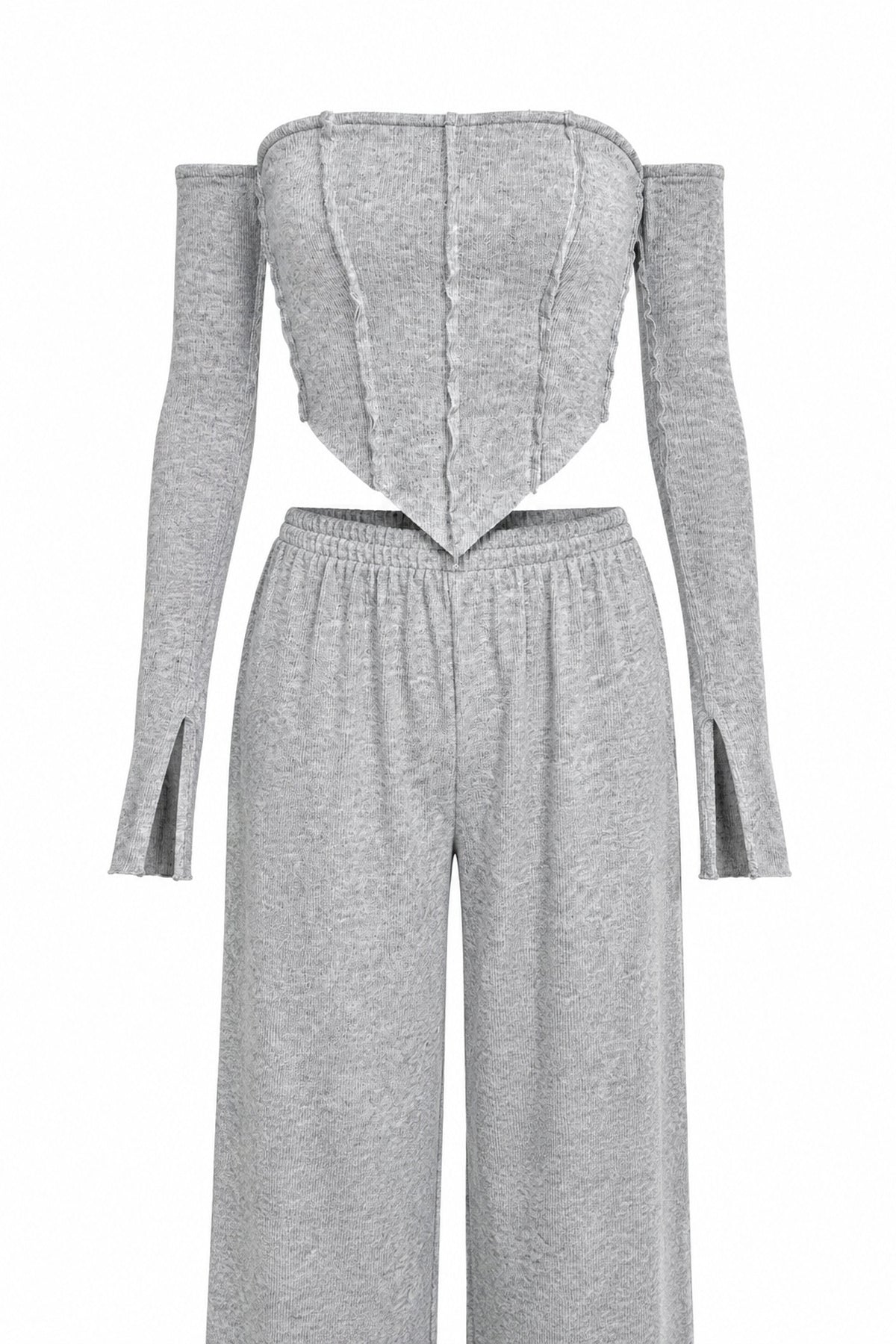 Gri Düşük Omuz Bluz Pantolon İkili Takım SY-2396-Gri