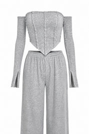 Gri Düşük Omuz Bluz Pantolon İkili Takım SY-2396-Gri