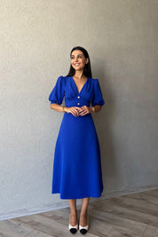 Saks Mavisi İnci Düğme Detay Elbise SY-0351-Saks Mavi