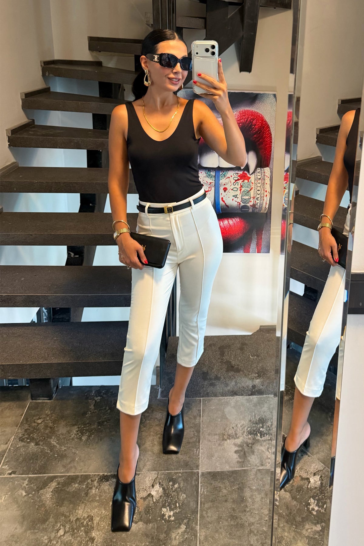 Beyaz Çımalı Kapri Pantolon SY-3654-Beyaz