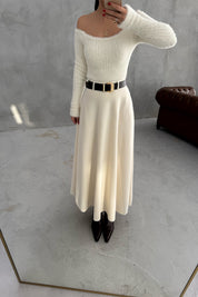 Krem Kemerli Verev Midi Etek SY-3468-Krem