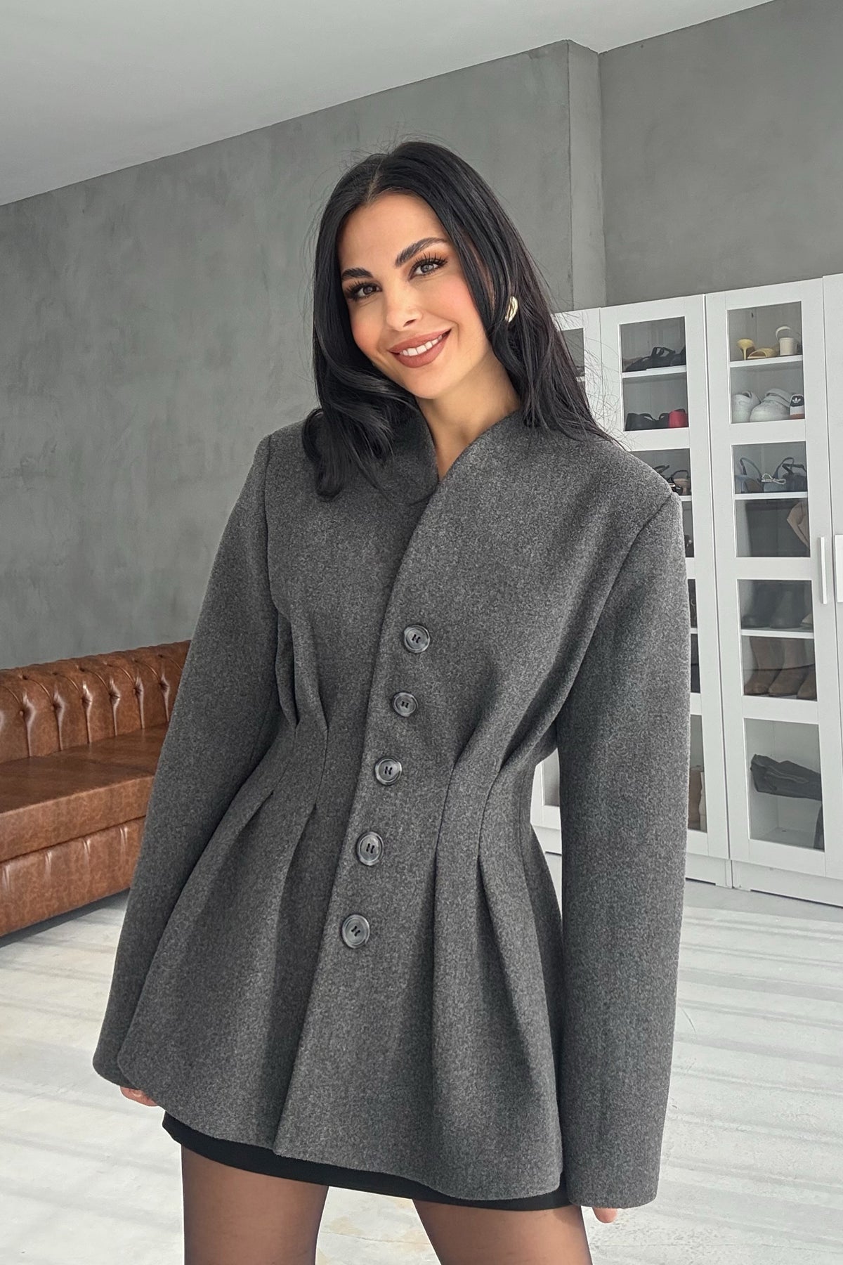 Antrasit Belden Oturmalı Kaşe Özel Üretim Ceket SY-3416-Anstarasit