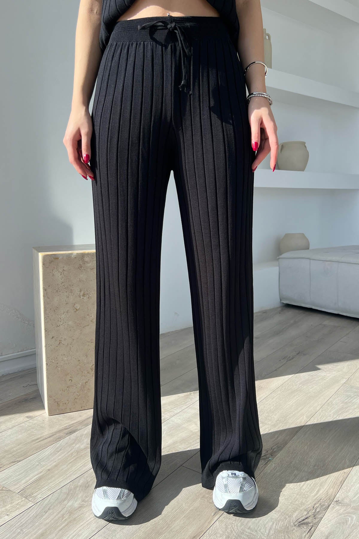 Siyah Fitilli  Kısa Kol ve Pantolon Triko Takım SY-1703-Siyah