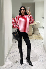 Kırmızı-Pembe Çizgili Basic Sweatshirt SY-3902-Kırmızı