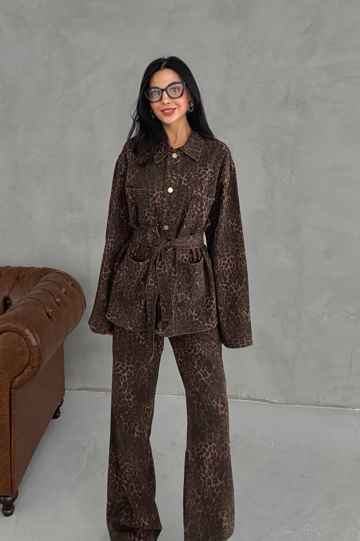 Leopar Desenli Kuşaklı Ceket SY-3403-Leopar