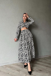 Ekru Siyah Desenli Gömlek Etek Takım SY-1751-Ekru