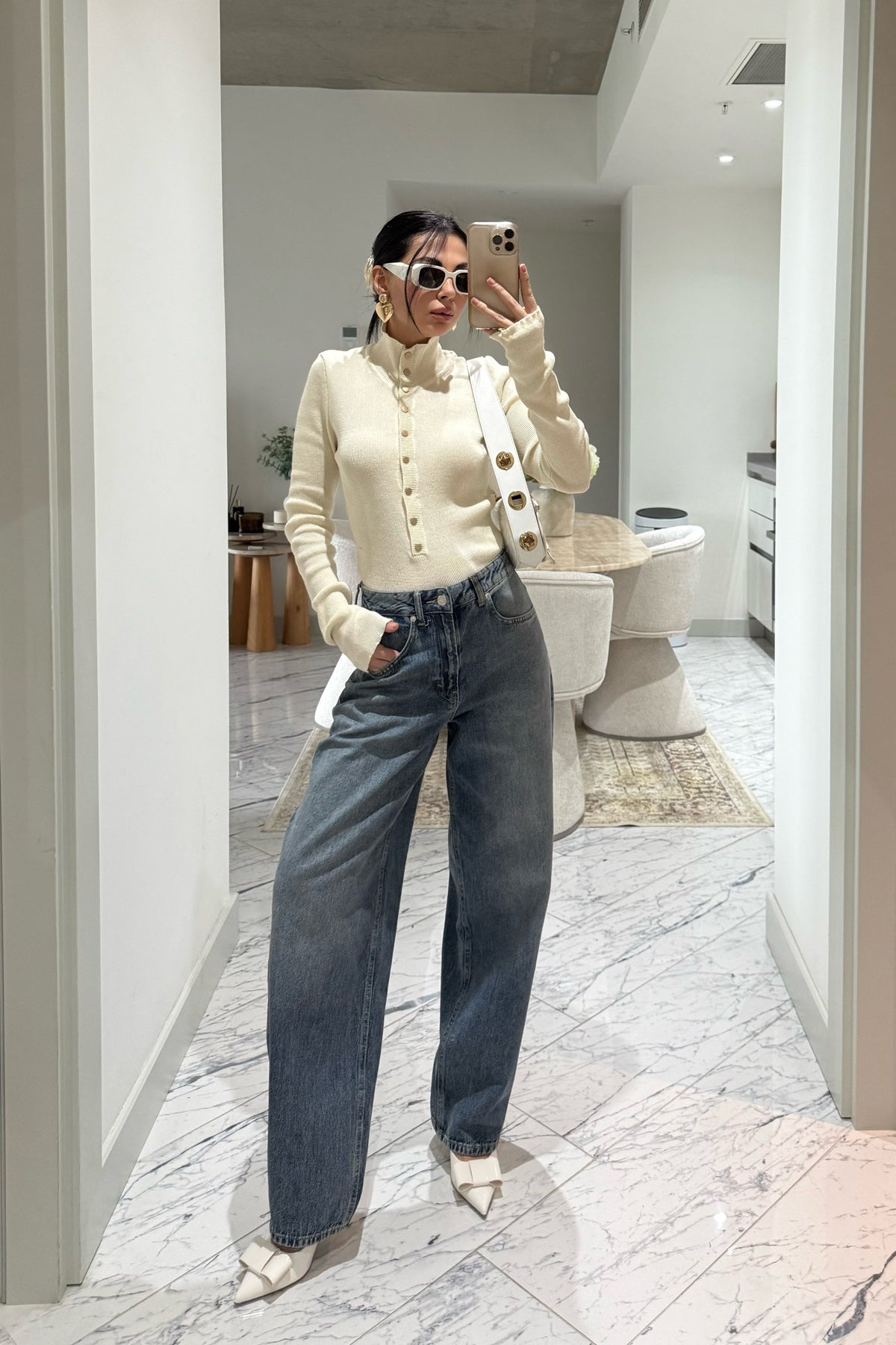 Ekru Dik Yaka Çıtçıtlı Triko Kazak SY-3502-Ekru