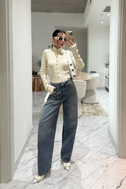 Ekru Dik Yaka Çıtçıtlı Triko Kazak SY-3502-Ekru