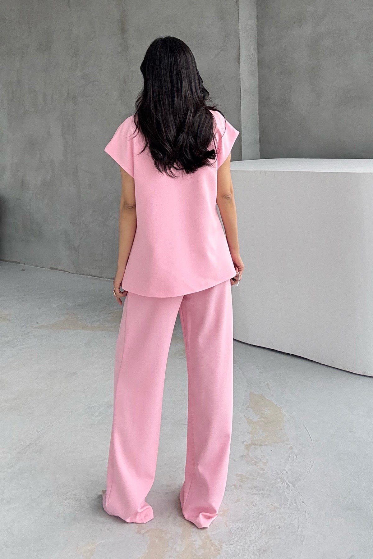 Pembe Gold Düğme Detaylı Asimetrik Kesim Yelek Pantolon Takım SY-3004-Pembe