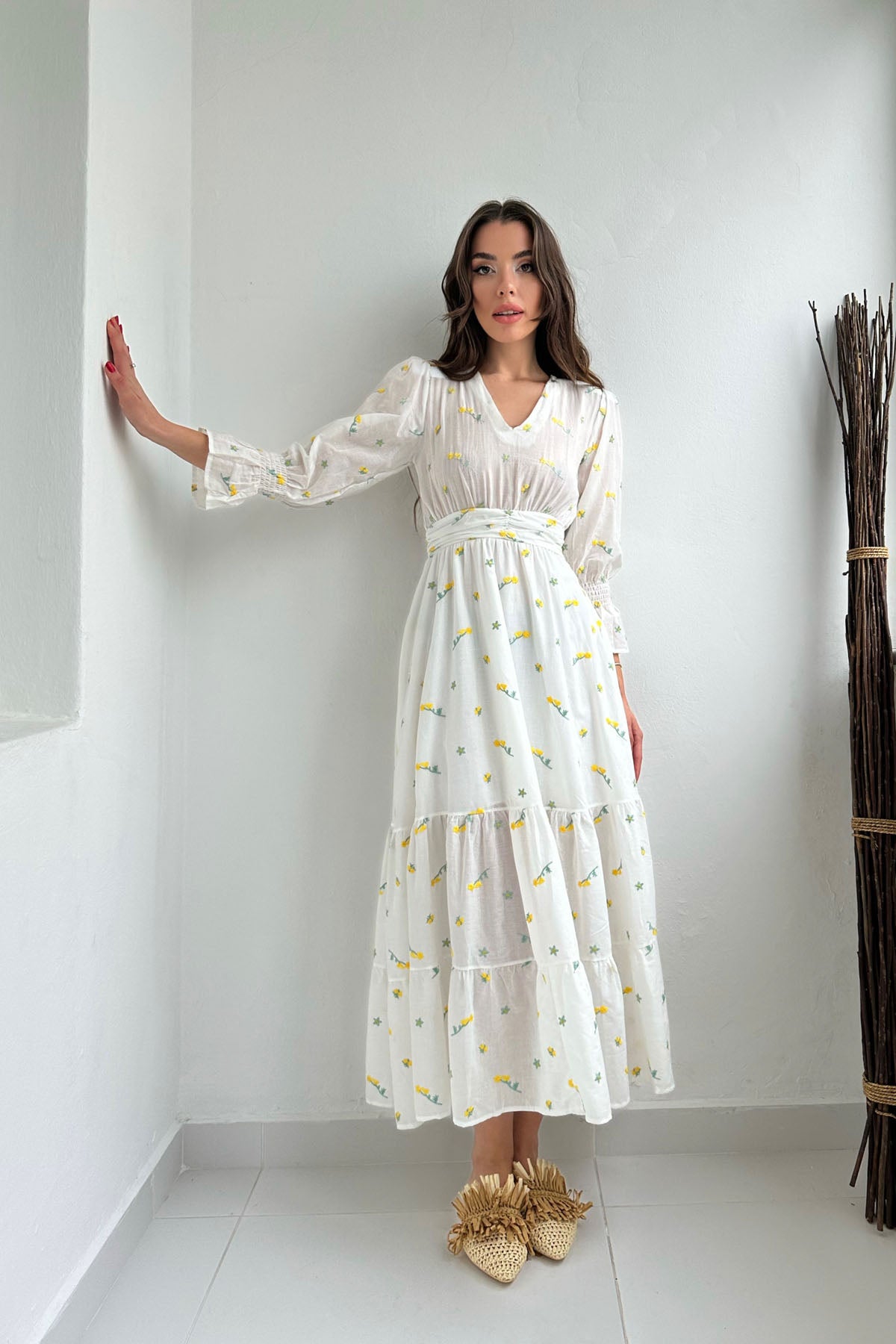 Sarı Çiçek Nakışlı Gipeli Elbise SY-0347-Sarı