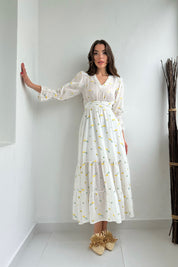 Sarı Çiçek Nakışlı Gipeli Elbise SY-0347-Sarı