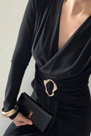 Kruvaze Yaka Uzun Kol Tokalı Siyah Elbise SY-3520-Siyah