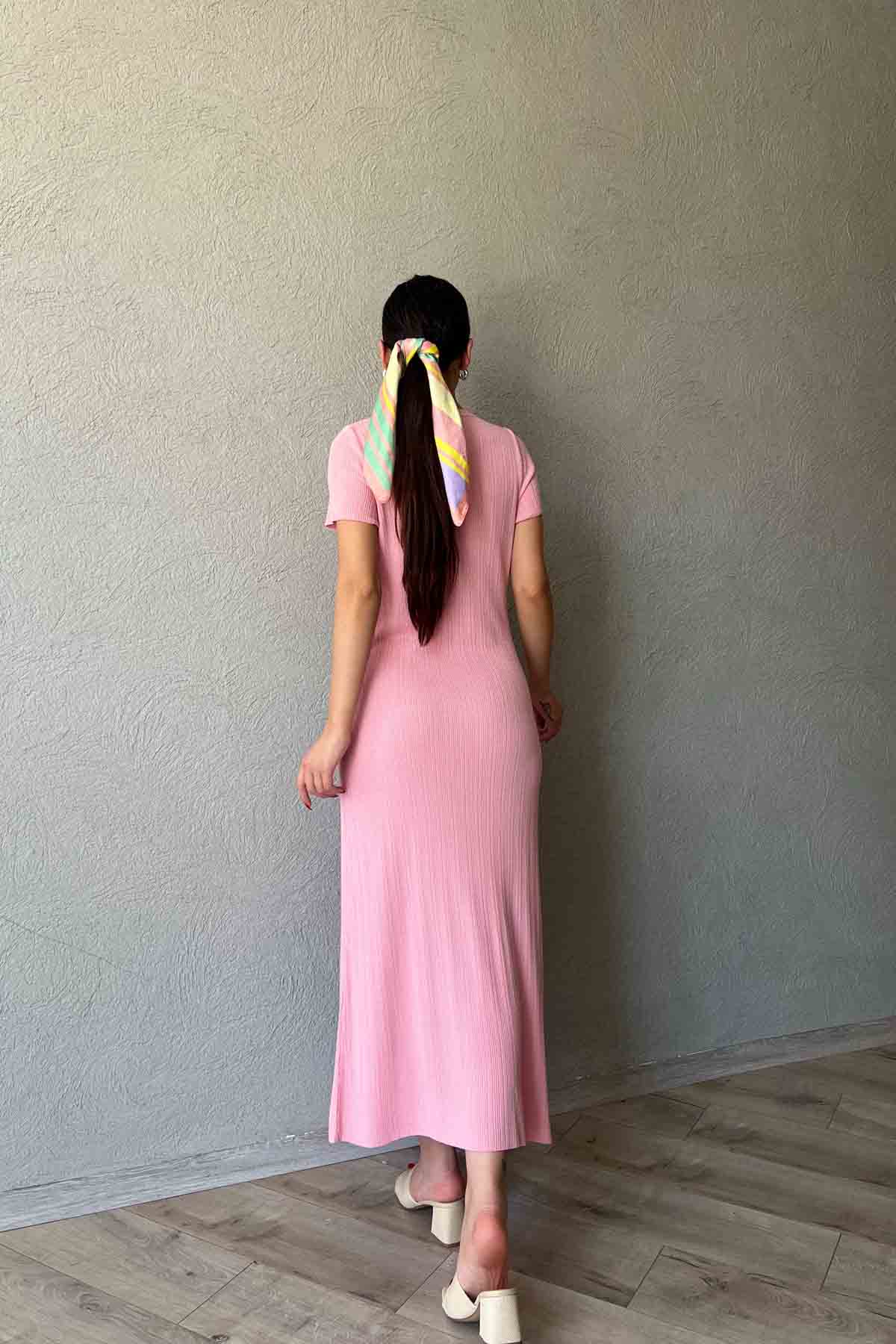 Pembe Kısa Kol Fitilli Midi Boy Triko Elbise SY-2111-Pembe