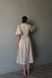 Bej Balon Kol Pile Detaylı Kemerli Brode Elbise SY-2084-Bej