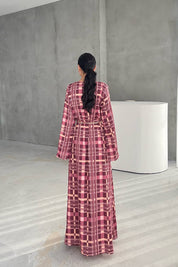 Ekoseli Zincir Kemer Detaylı Maxi Elbise SY-3365-Ekoseli