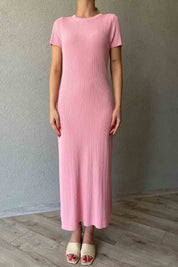 Pembe Kısa Kol Fitilli Midi Boy Triko Elbise SY-2111-Pembe