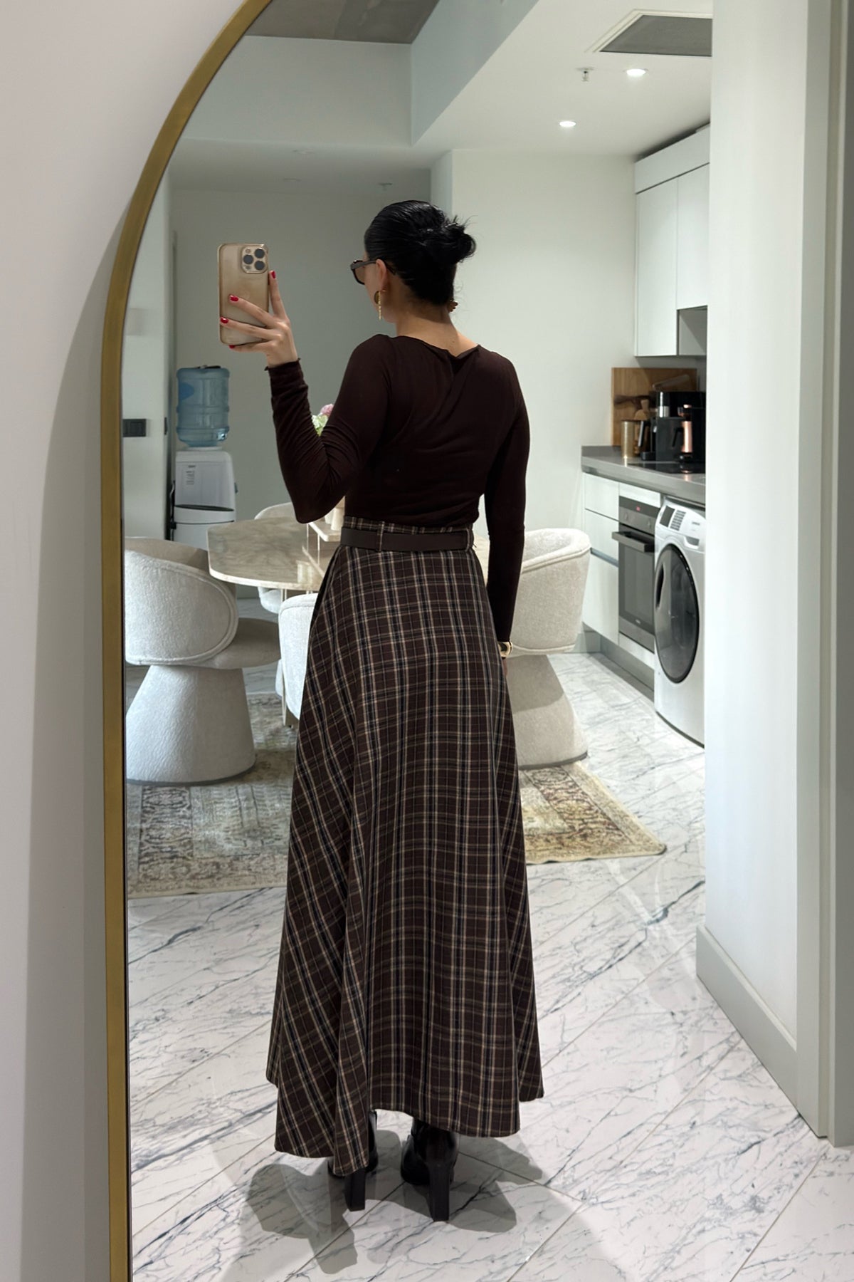 Ekose Desenli Yırtmaç Detaylı Kahveli Çizgili Kloş Etek SY-3494-Sütlü Kahve