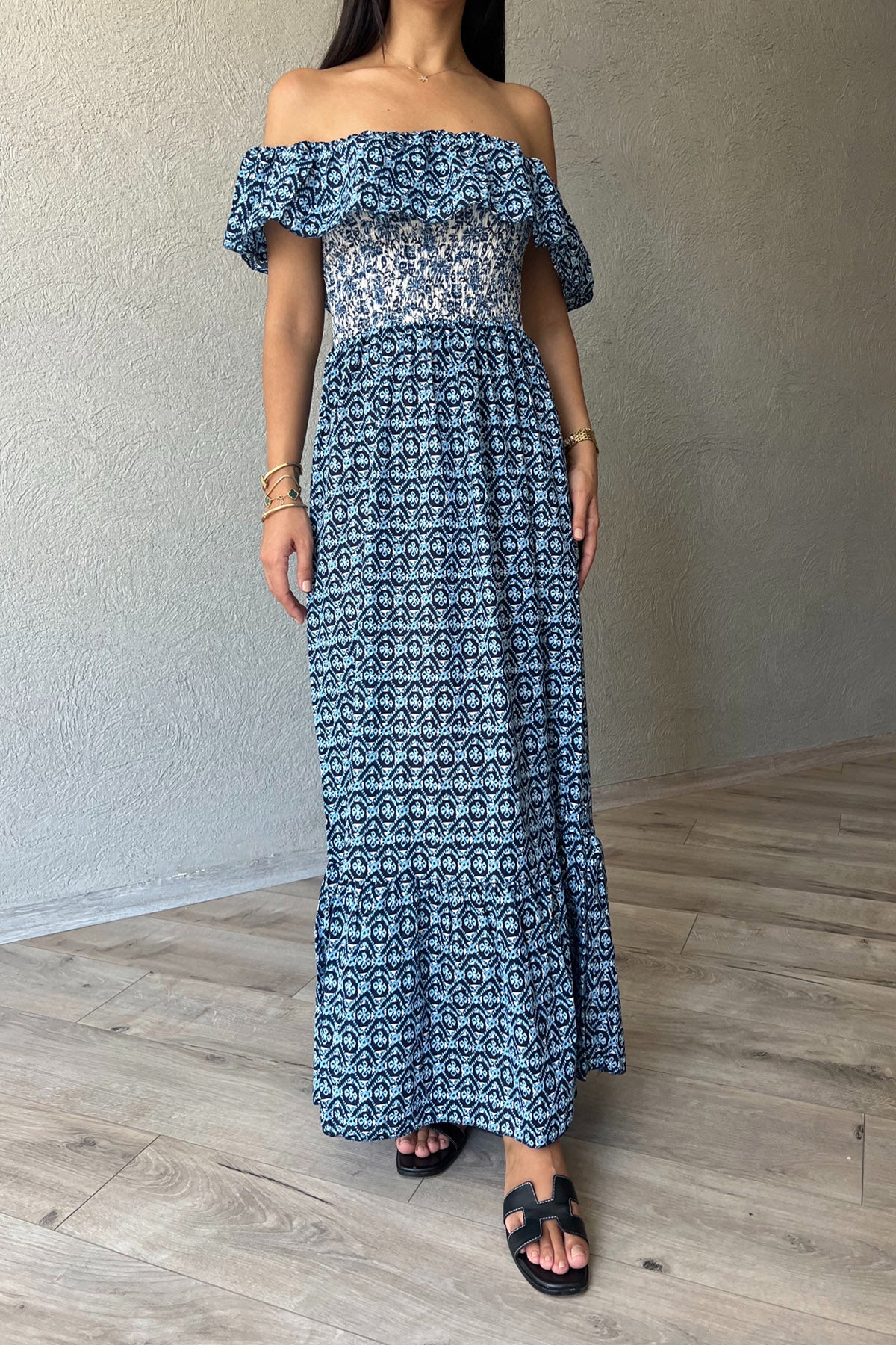 Koyu Mavi Madonna Yaka Desenli Gipeli  Elbise SY-2164-Koyu Mavi