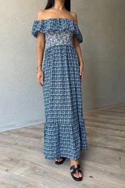 Koyu Mavi Madonna Yaka Desenli Gipeli  Elbise SY-2164-Koyu Mavi