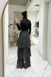 Siyah Puantiyeli Fırfırlı Kat Kat Kemerli ETek SY-3525-Siyah