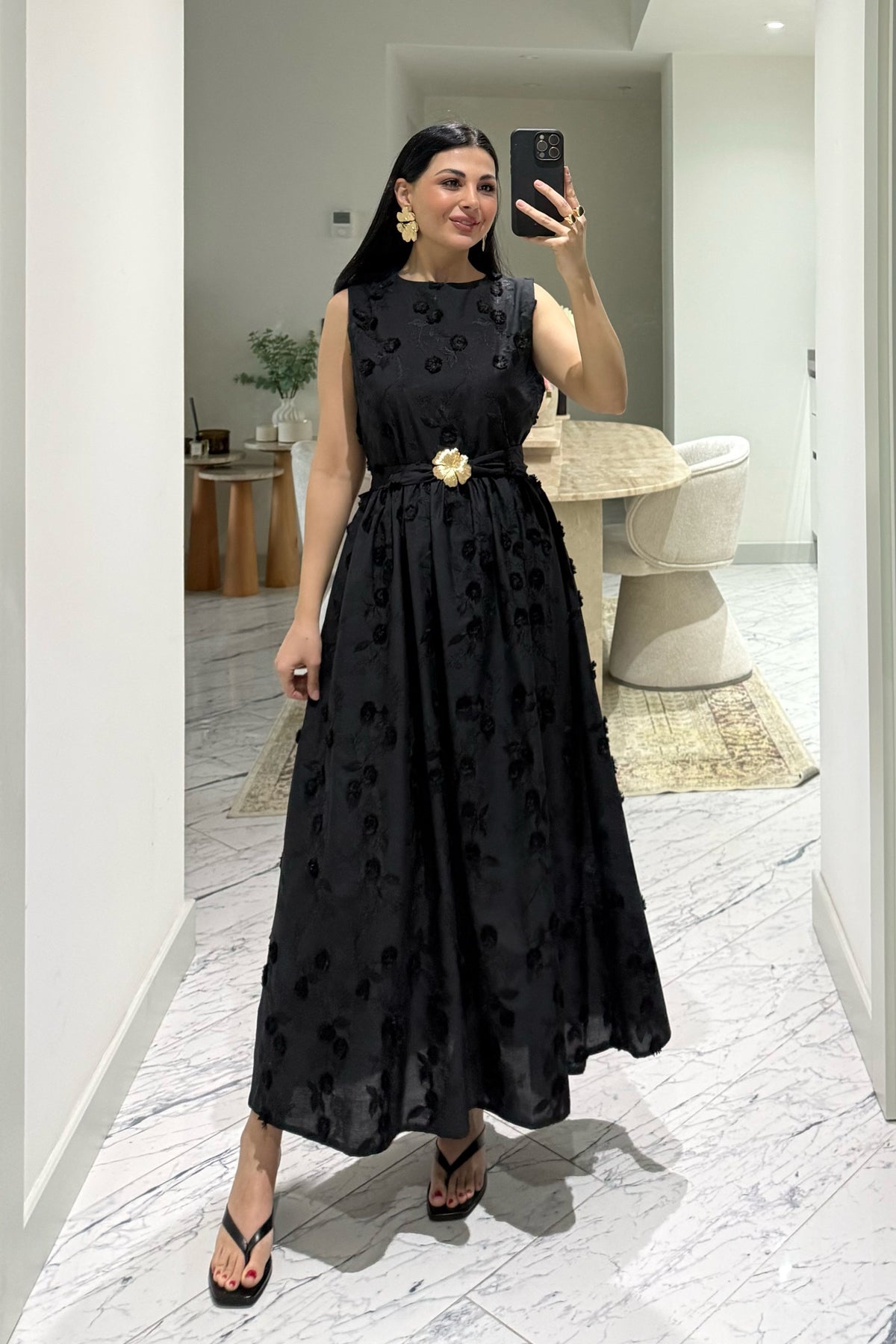 Santorini Çiçek Desenli Midi Elbise-Siyah SY-3661-Siyah