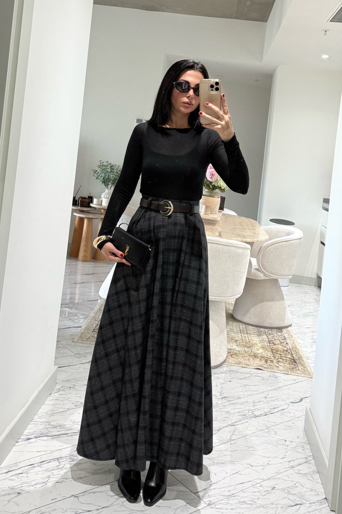 Ekose Desenli Yırtmaç Detaylı Siyahlı Gri Çizgili Kloş Etek SY-3494-Siyah