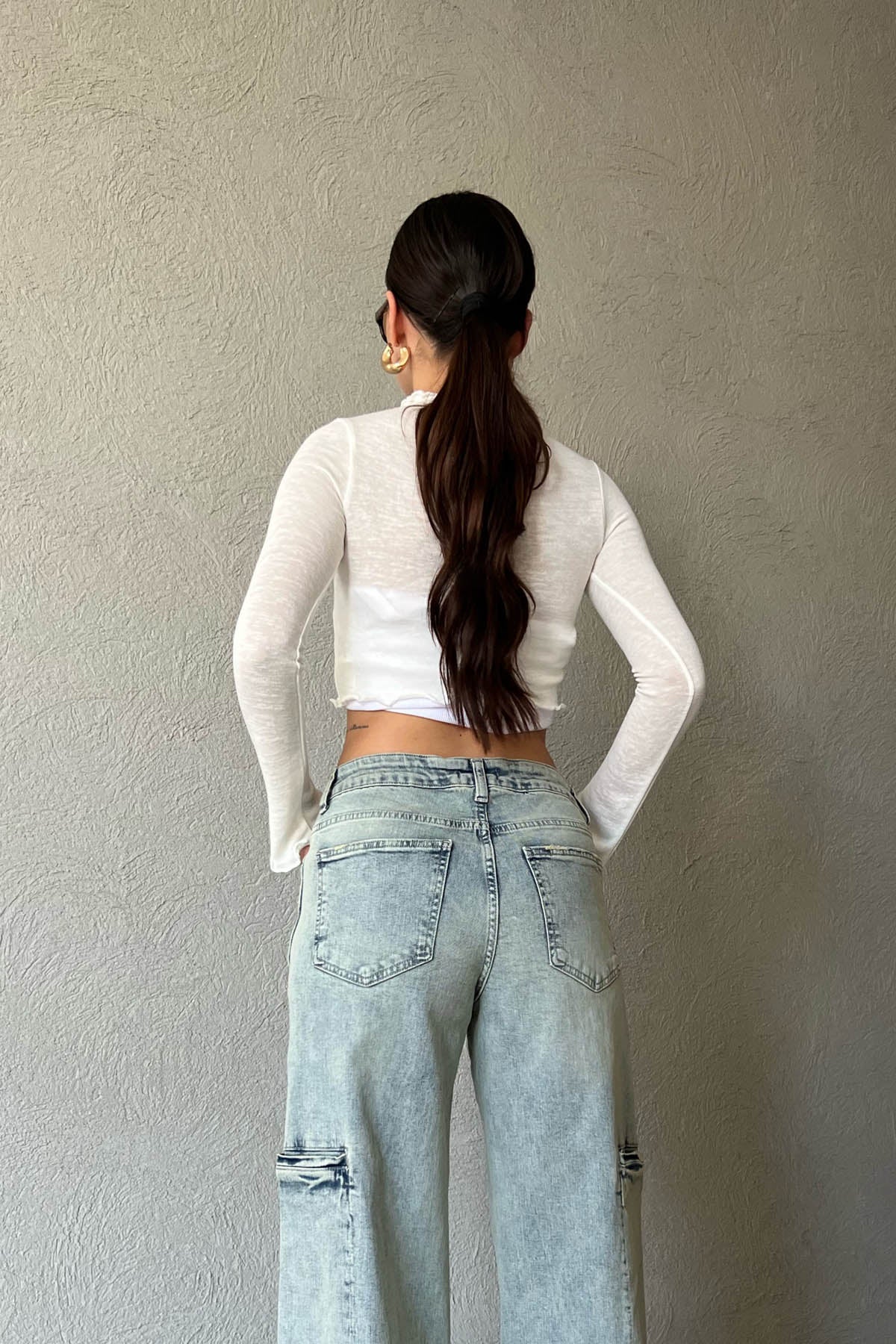 Ekru Uzun Kol Basic Crop Bluz SY-1637-Ekru