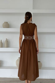 Kahve Bel Nakış İşlemeli Çift Gizli Yırtmaçlı Elbise SY-0719-Kahve